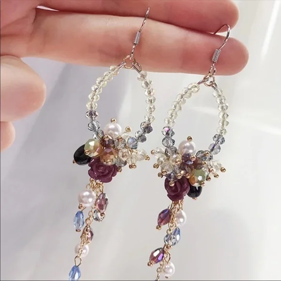 Handmade Bohemian Floral Wedding Earrings - Beaded Chandelier Dangles - Picture 8 of 15